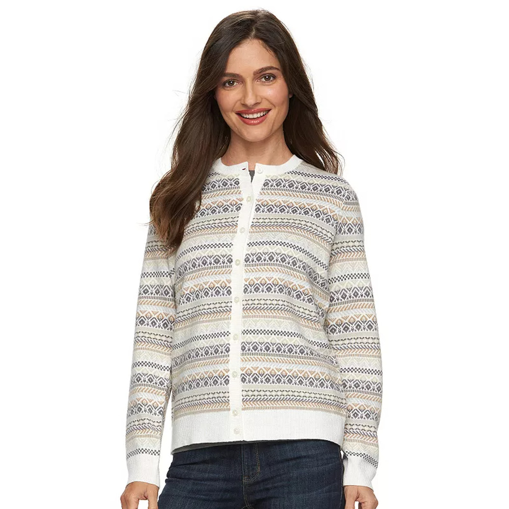Croft & Barrow Gray Ikat Cozy Essential Knit Cardigan Sweater Womans Size Large